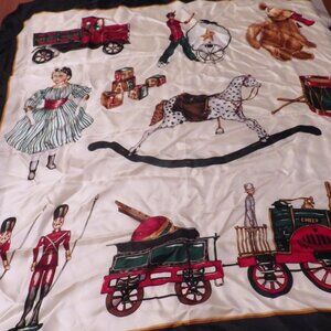 Vintage Silk Christmas Scarf/ ECHO/ Toys/ Toy Soldiers/ Train/ Doll